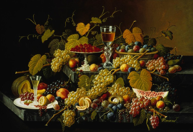 Credit: Severin Roesen, "Still Life with Grapes," c. 1860-65, oil on board, Gift of Clara Lamade Robison, Palmer Museum of Art of The Pennsylvania State University